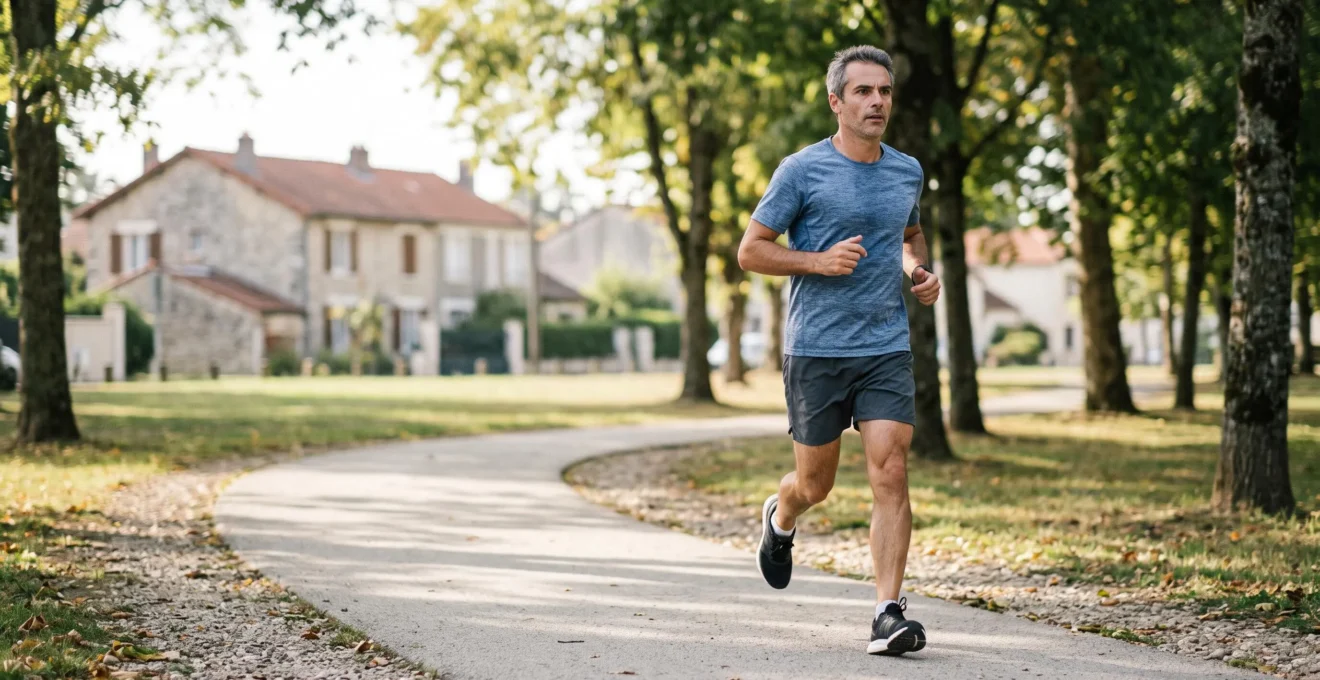 Un coureur amateur d'âge mûr qui reprend la course à pied sur un chemin de parc français.