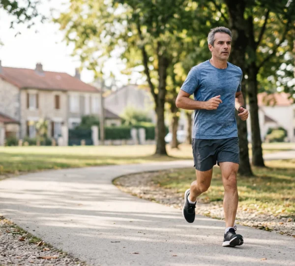 Un coureur amateur d'âge mûr qui reprend la course à pied sur un chemin de parc français.