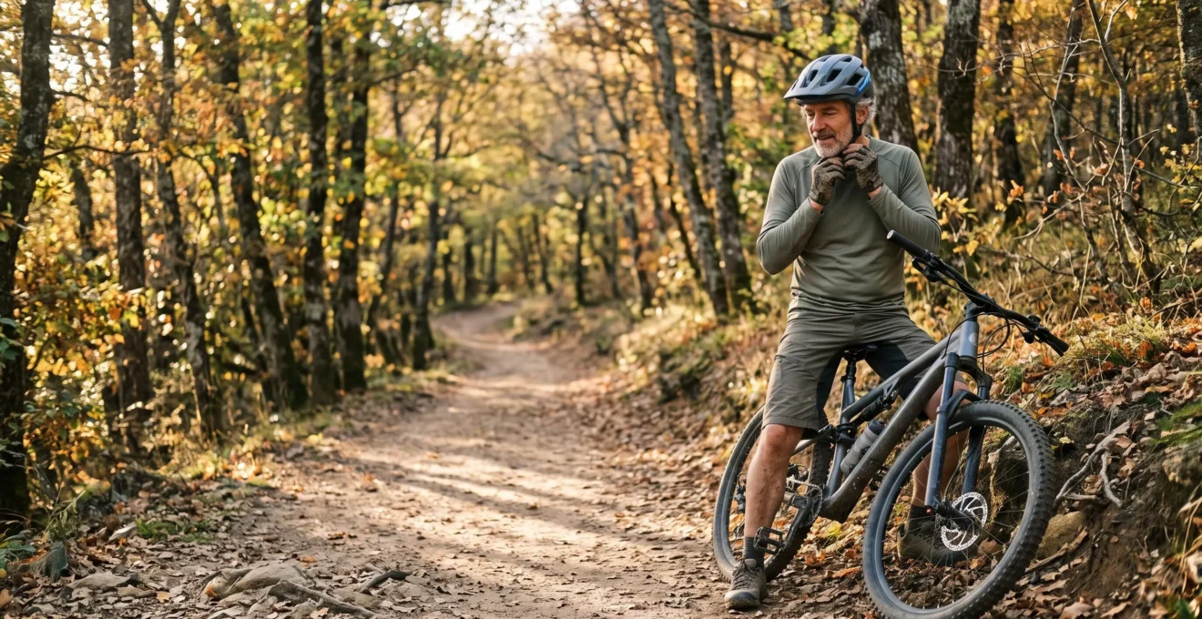 Un vététiste ajustant la sangle de son casque à côté de son VTT sur un sentier forestier.